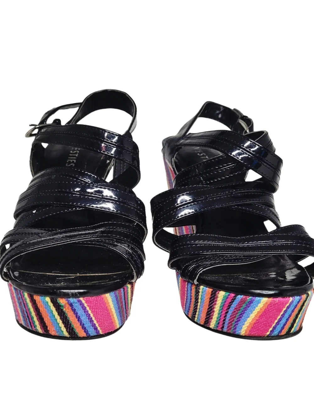 Retro Westies Black Patent Strappy Wedge Sandals w/ Fabric Rainbow Stripes